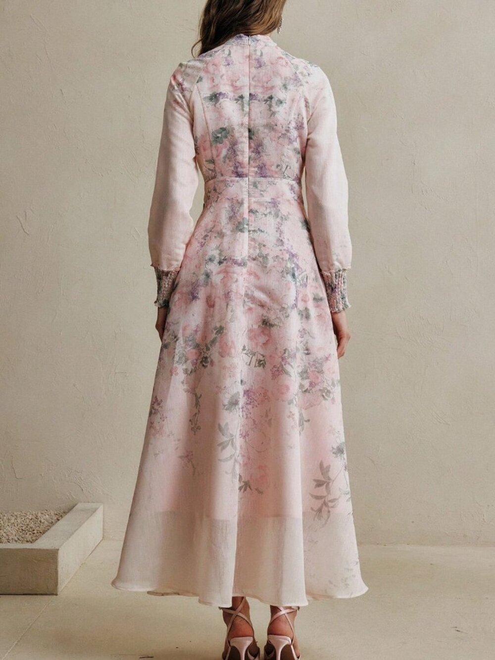 Pink Elegant Women's Floral Ombre Print Mandarin Collar Long Sleeve Dress - Picture 2 of 7